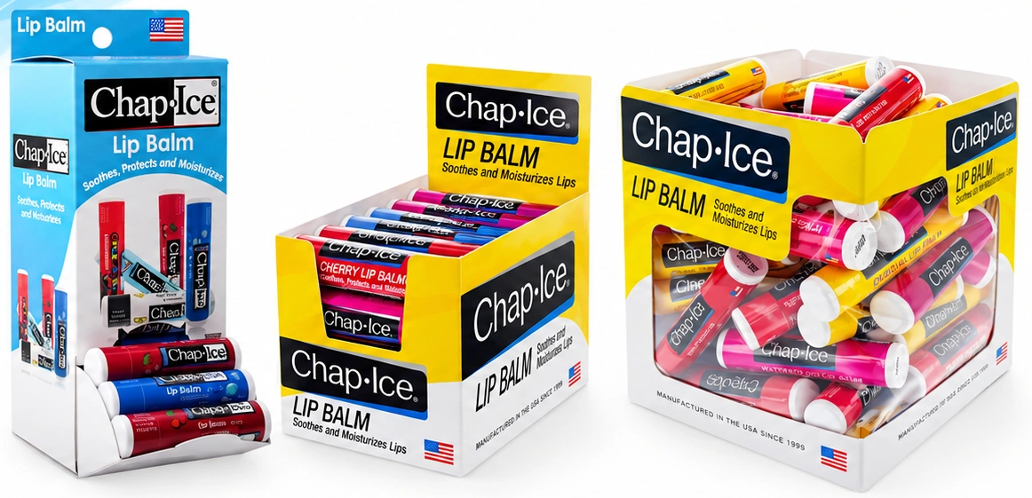 Chap Ice gravity feed display, pharmacy box and bulk cube