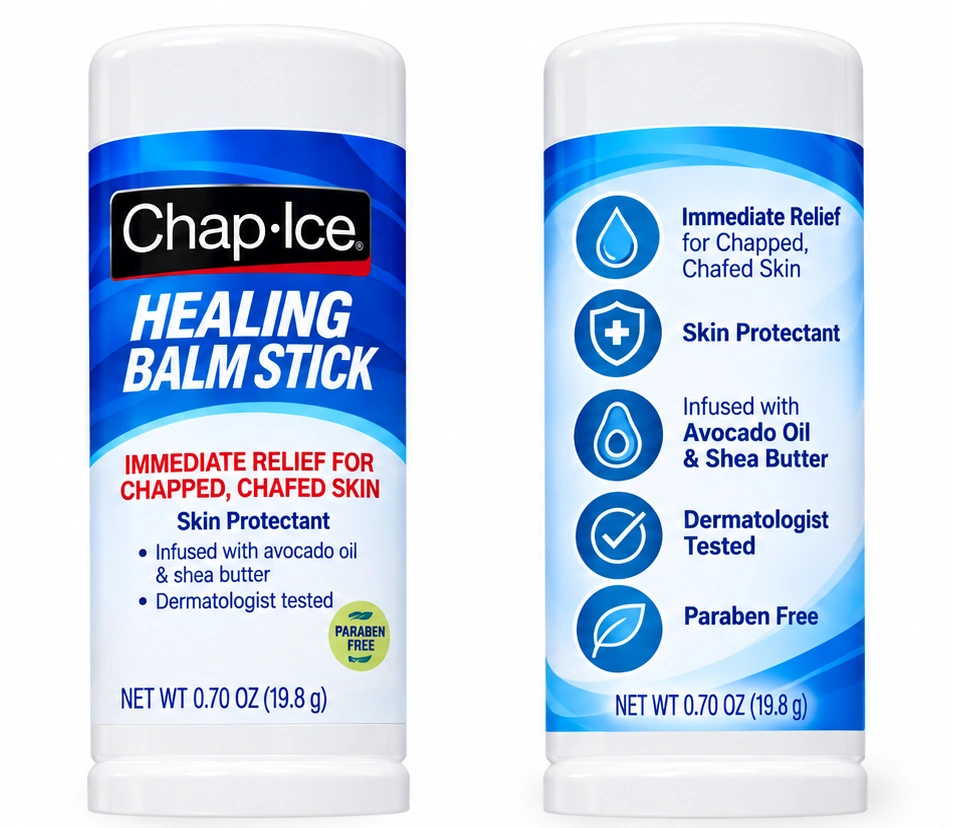 Front and back of the Chap Ice Healing Balm Stick