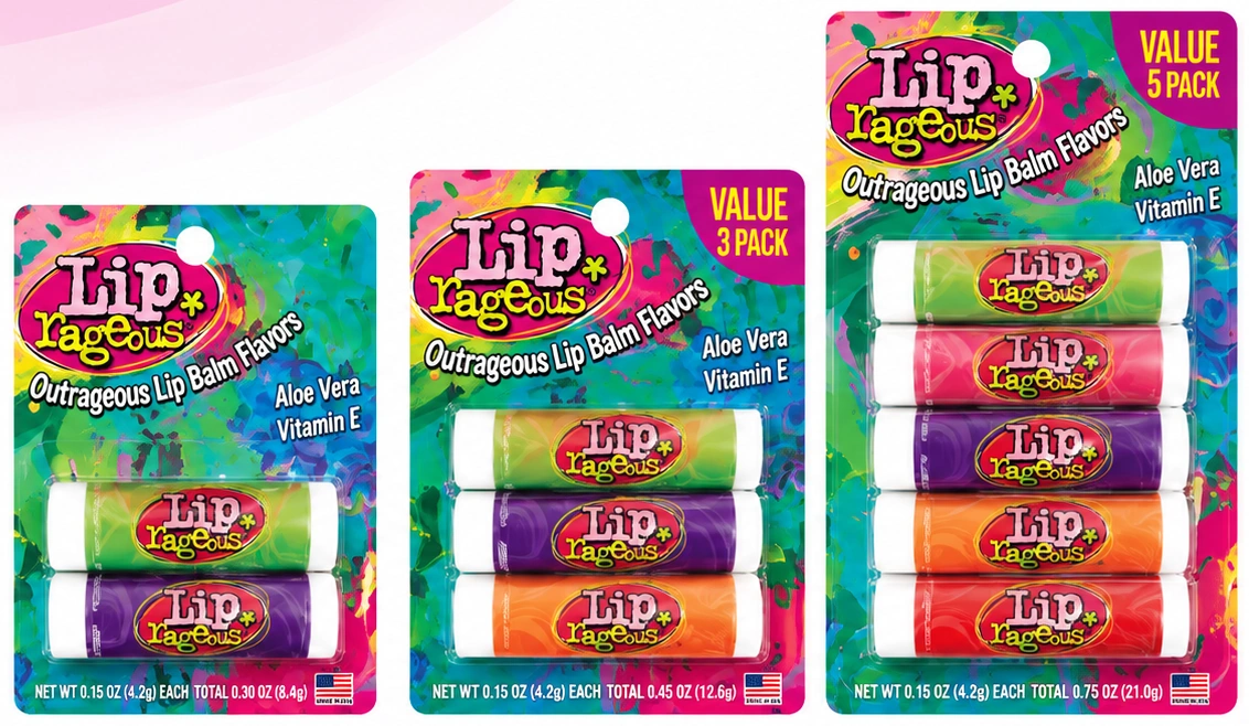 Colorful Lip-rageous two, three and five packs of fruit-flavored lip balm