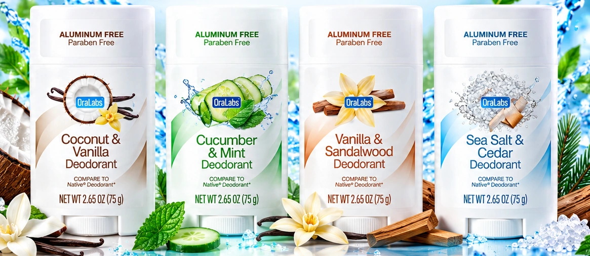 OraLabs deodorants in coconut and vanilla, cucumber and mint, vanilla and sandalwood, and sea salt and cedar