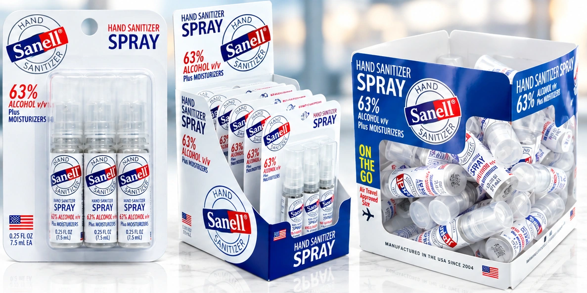 Sanell hand sanitizer spray three pack, shelf display and bulk cube