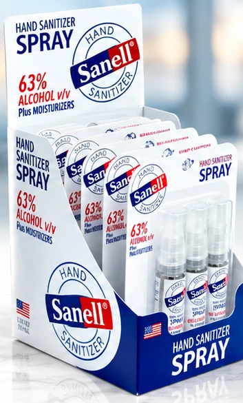 Sanell hand sanitizer spray shelf display