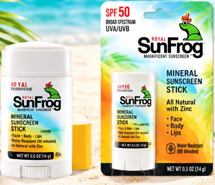 Royal SunFrog mineral sunscreen stick and SPF 50 retail pack