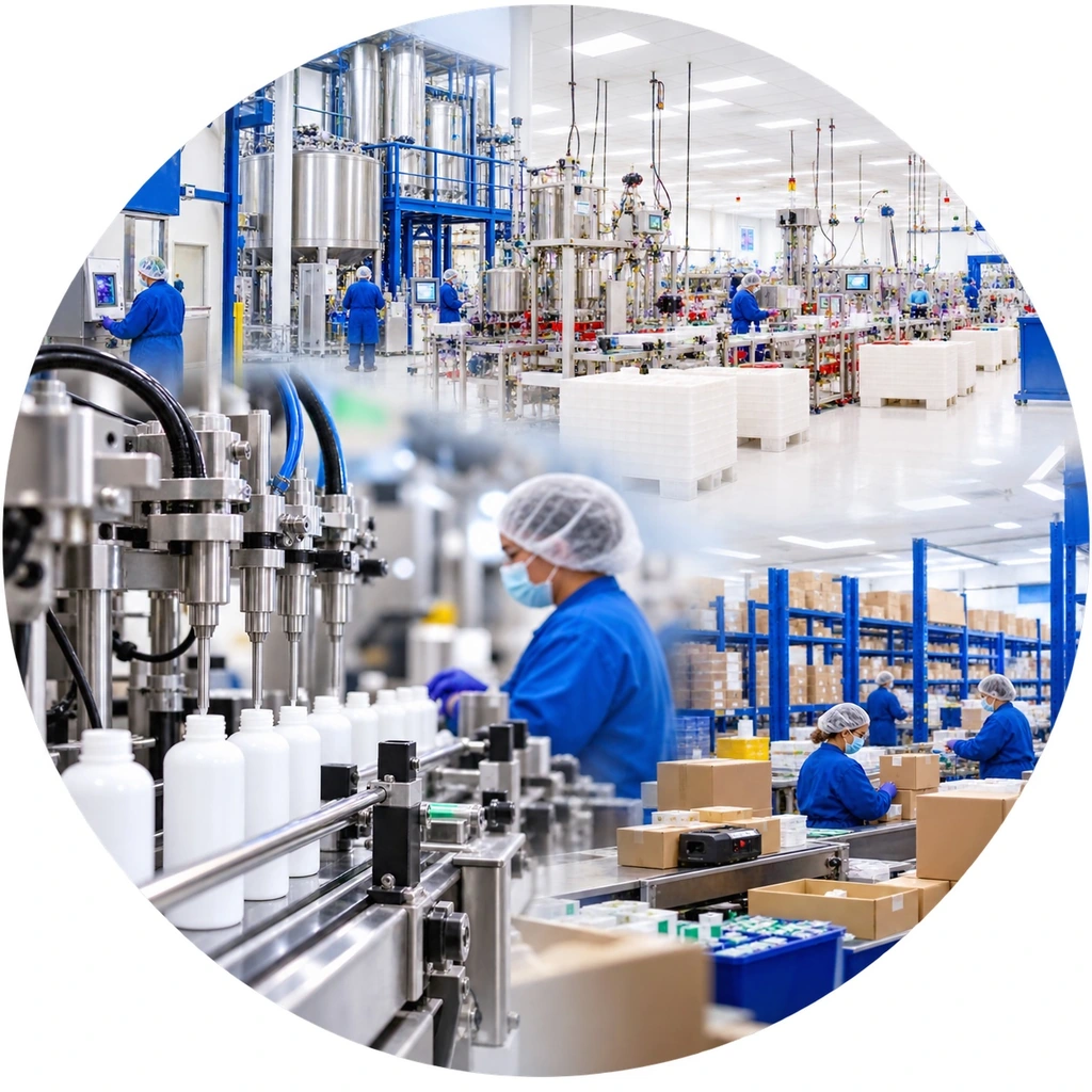 Contract manufacturing facility, bottle filling equipment and packaging team