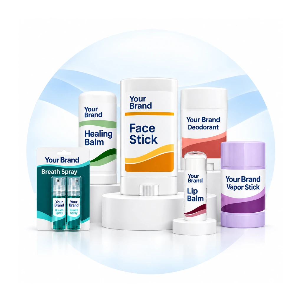 Your Brand private label collection with healing balm, face stick, deodorant, breath spray, lip balm and vapor stick