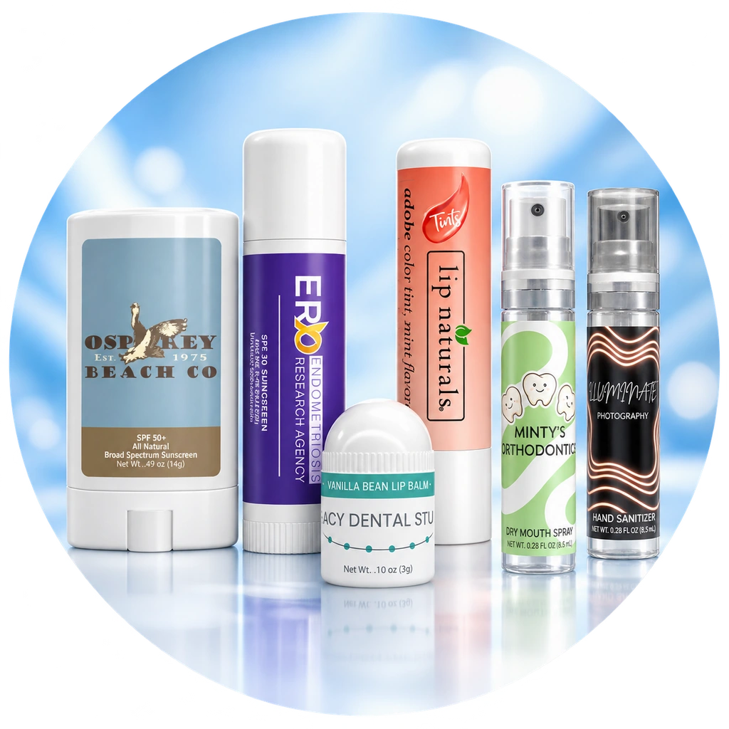 Custom branded sunscreen sticks, lip balms, oral spray and hand sanitizer
