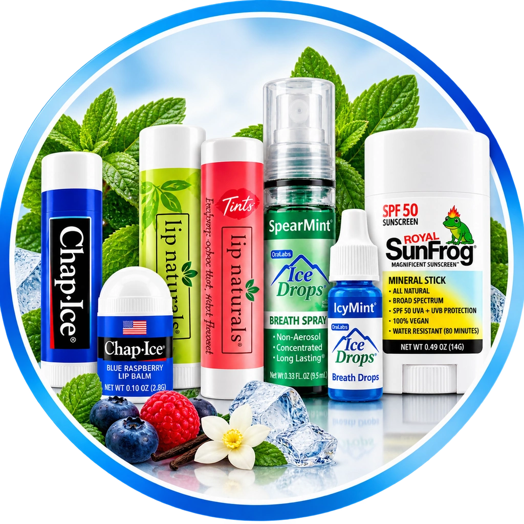 OraLabs retail collection featuring Chap Ice, Lip Naturals, Ice Drops and SunFrog products