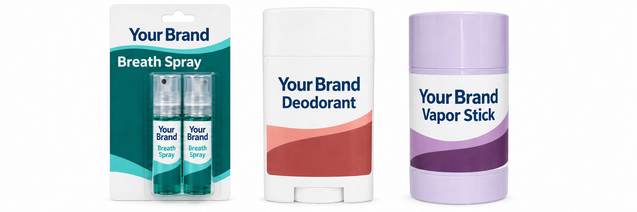 Generic Your Brand breath spray in teal, deodorant in coral and vapor stick in lavender