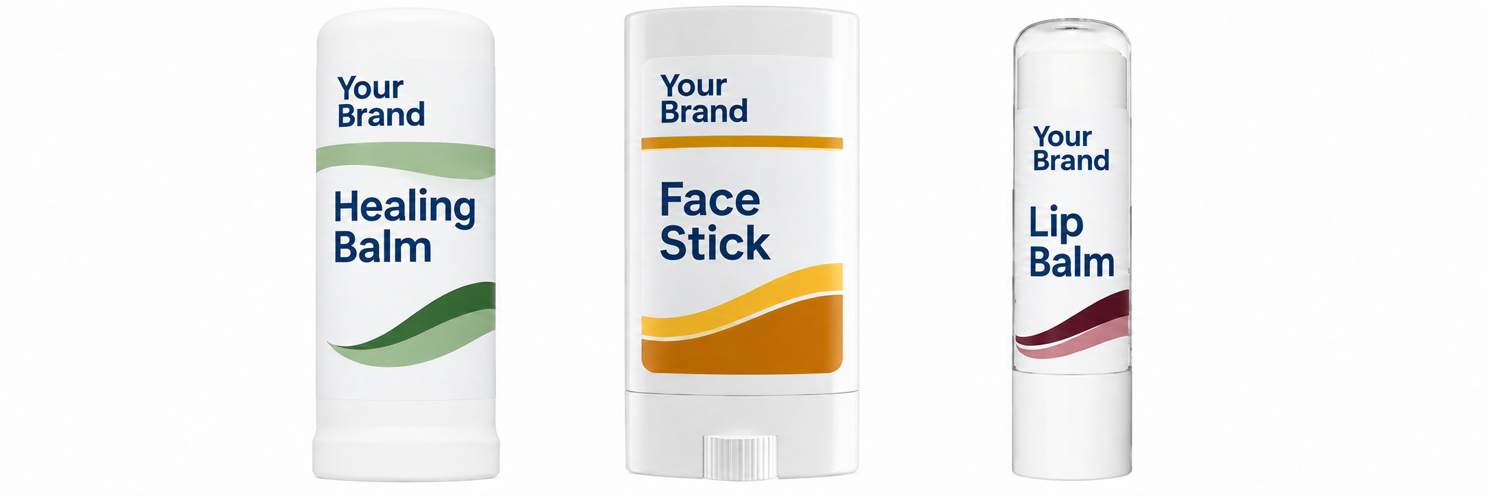 Generic Your Brand healing balm in sage, face stick in gold and lip balm in berry
