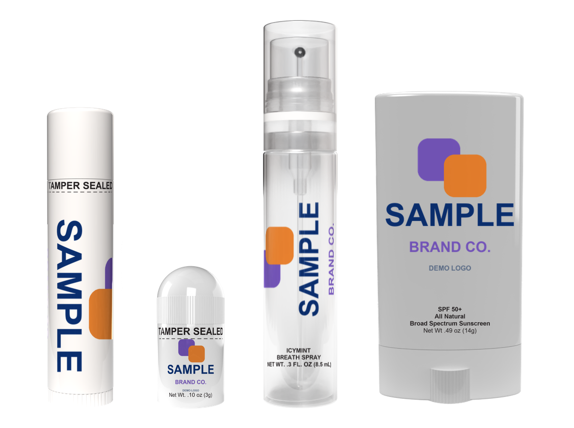 A lip balm tube, a mini lip balm bullet, a breath spray and an SPF 50 face stick, each carrying the same sample logo placed with Instant Virtuals